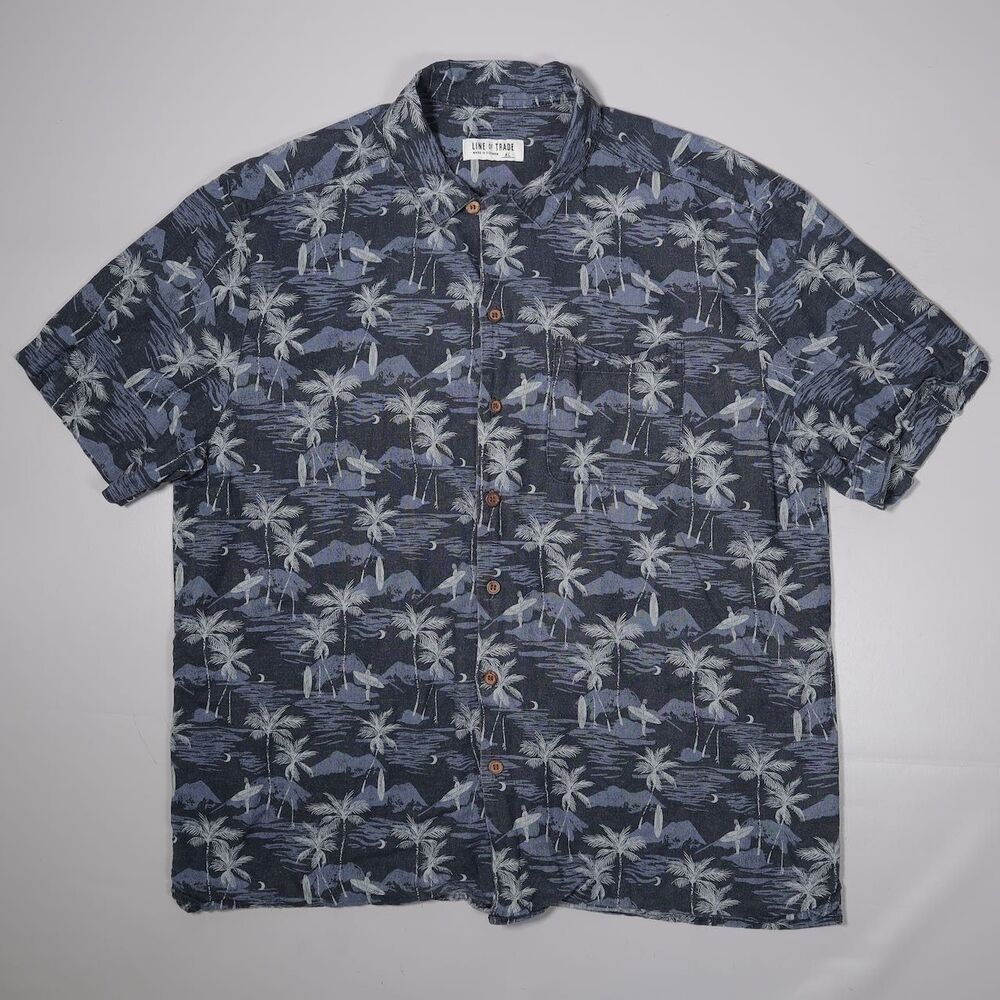 Line of Trade Loop Collar Linen Blend Short Sleeve Shirt Blue Hawaiian Mens XL